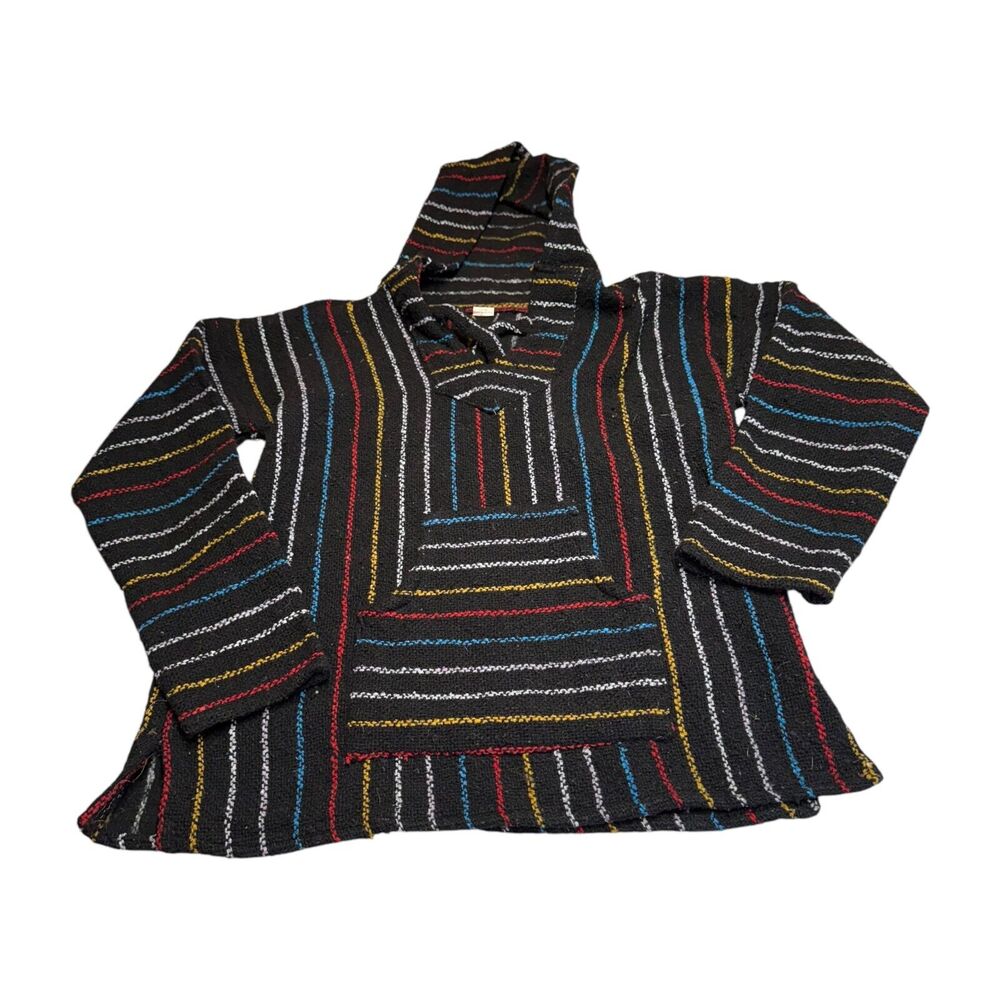 Artesania Tlaxcaltecas Mexican Blanket Hoodie Men's Large Black Striped Acrylic